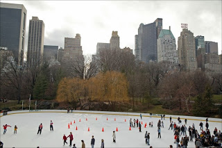 a group of people standing in a parking lot with Central Park in the background
