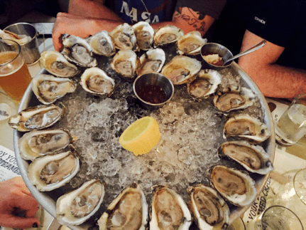 a group of people sitting at a table with a plate of food