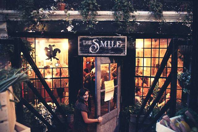 a store front at night