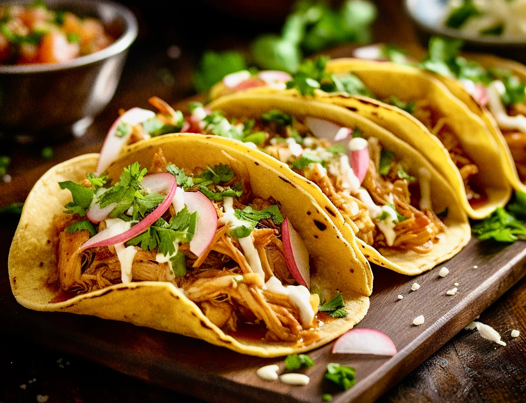 Three tacos with shredded meat, cilantro, onions, and sauce on a wooden board.