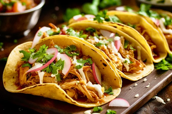 Three tacos with shredded meat, cilantro, onions, and sauce on a wooden board.
