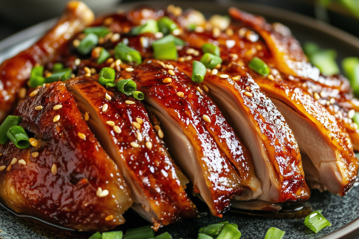 Glazed sliced duck garnished with sesame seeds and green onions on a plate.