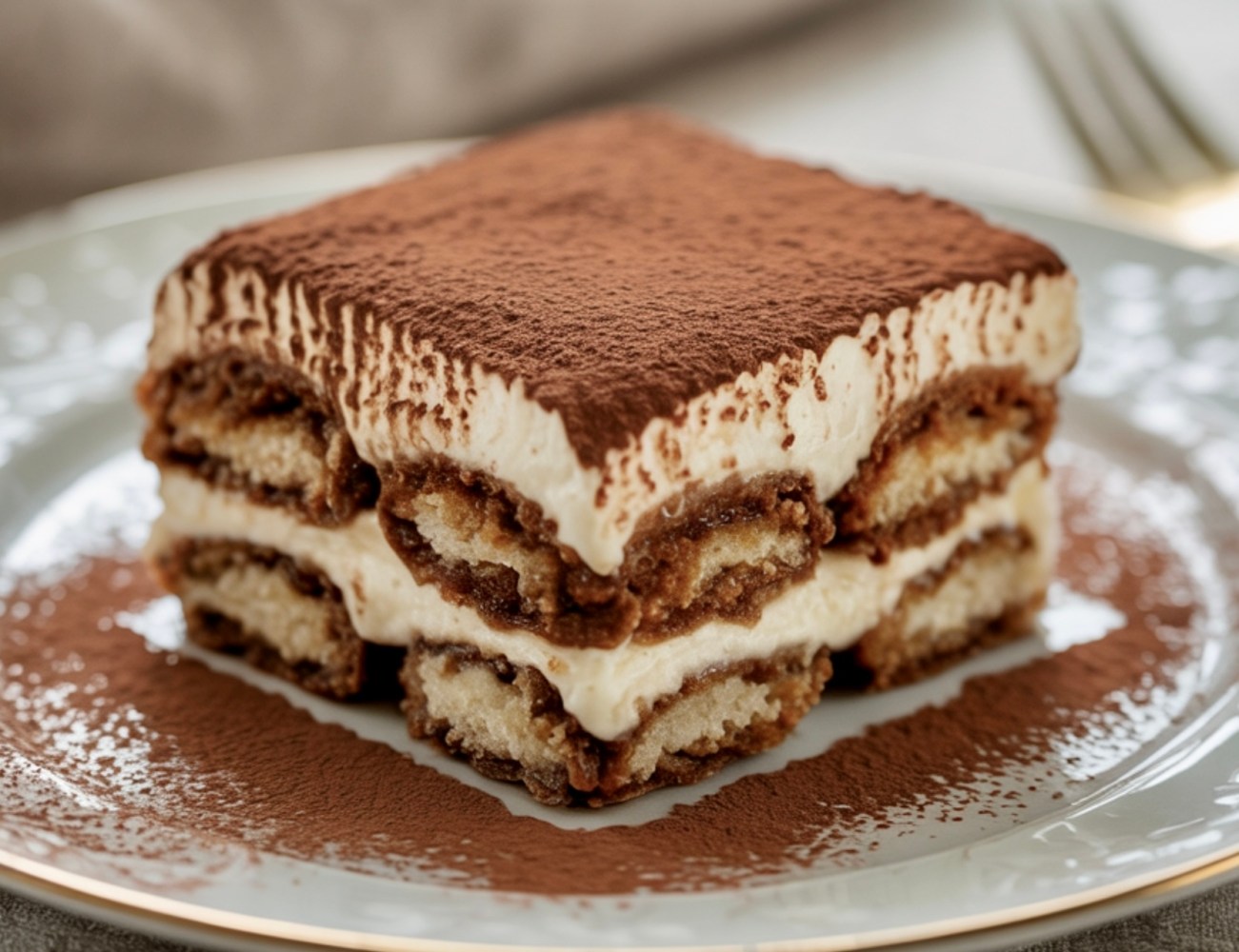 A slice of tiramisu with layers of cream and cocoa powder on a plate.