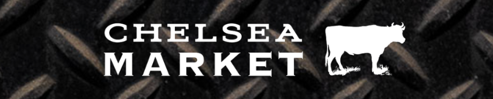 Chelsea Market logo with white cow silhouette on a textured dark background.