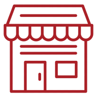 Simple red line art of a storefront on a white background.