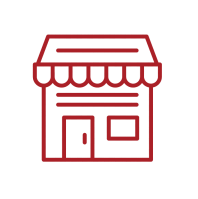 Simple red line art of a storefront on a white background.