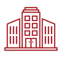 Red outline of a building with three sections and square windows.