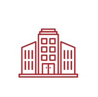Red outline of a building with three sections and square windows.