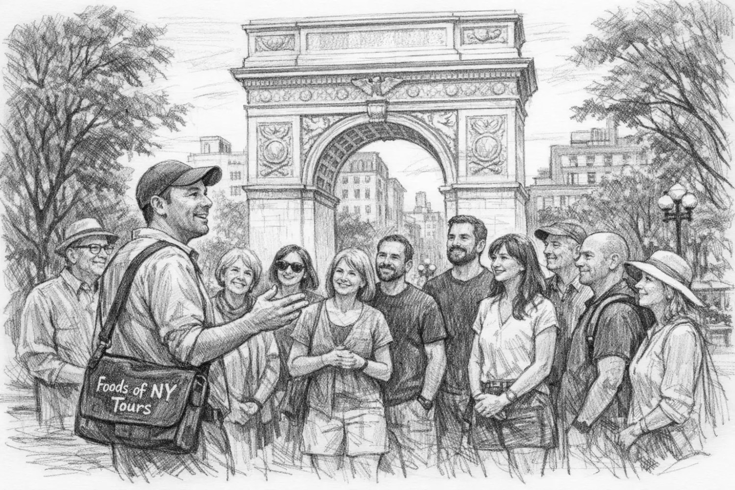 Tour guide speaks to a group near a large stone arch in a park setting.