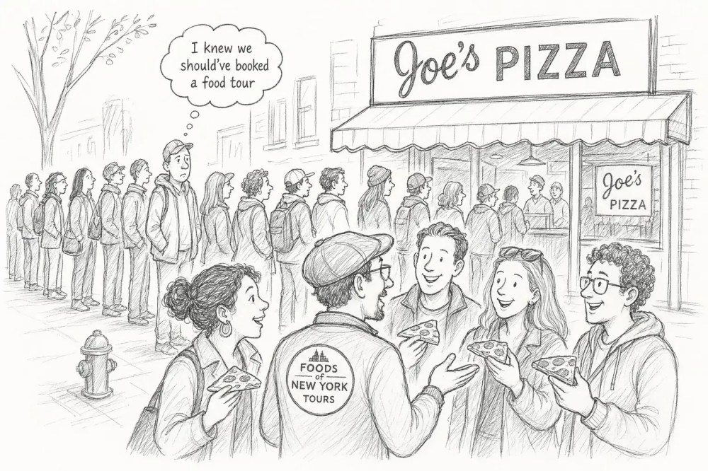 People in line outside Joe's Pizza, wearing jackets, eating pizza with a food tour guide.