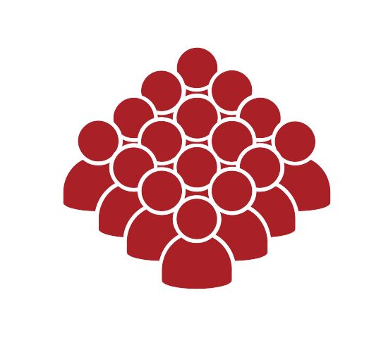 Red icons of people grouped together in a pyramid shape.