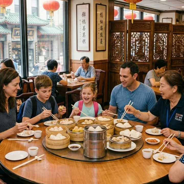Family and friends enjoying dim sum in a bustling restaurant.