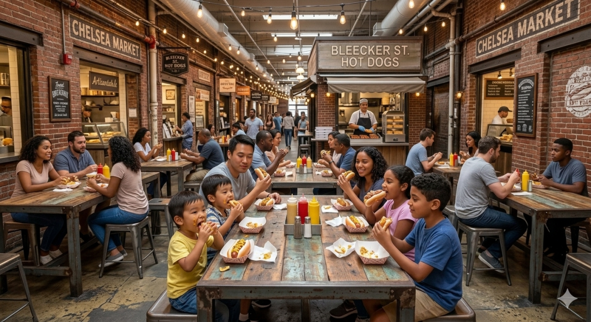 People eating at communal tables inside Chelsea Market with brick walls and food stalls.