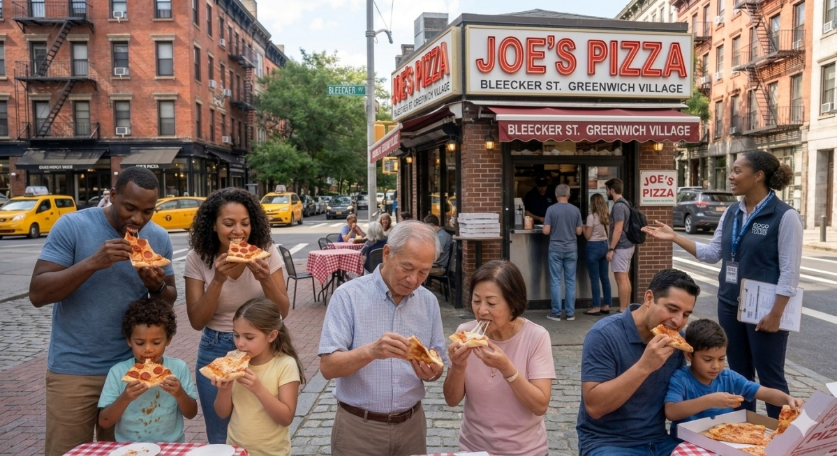 People of various ages enjoying pizza outside Joe's Pizza on a city street.