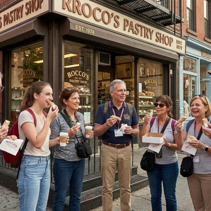 Group of people eating pastries outside a shop with a sign 'Rocco's Pastry Shop' in an urban setting.
