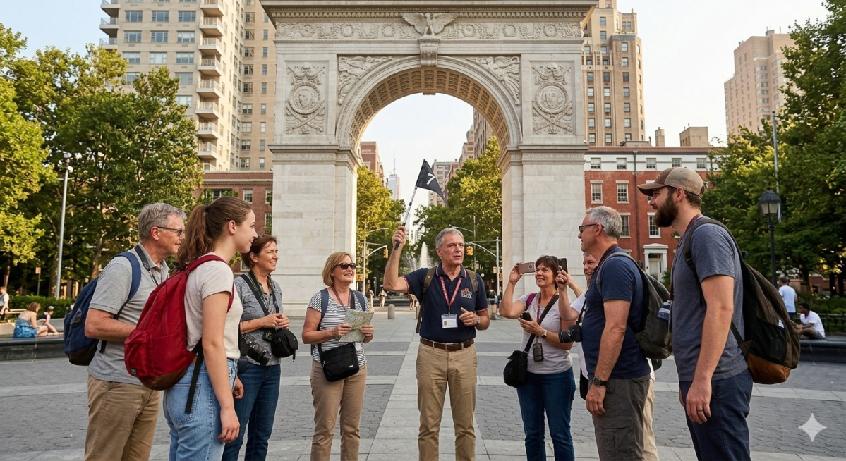 Group of tourists with a guide in a city square near an archway.